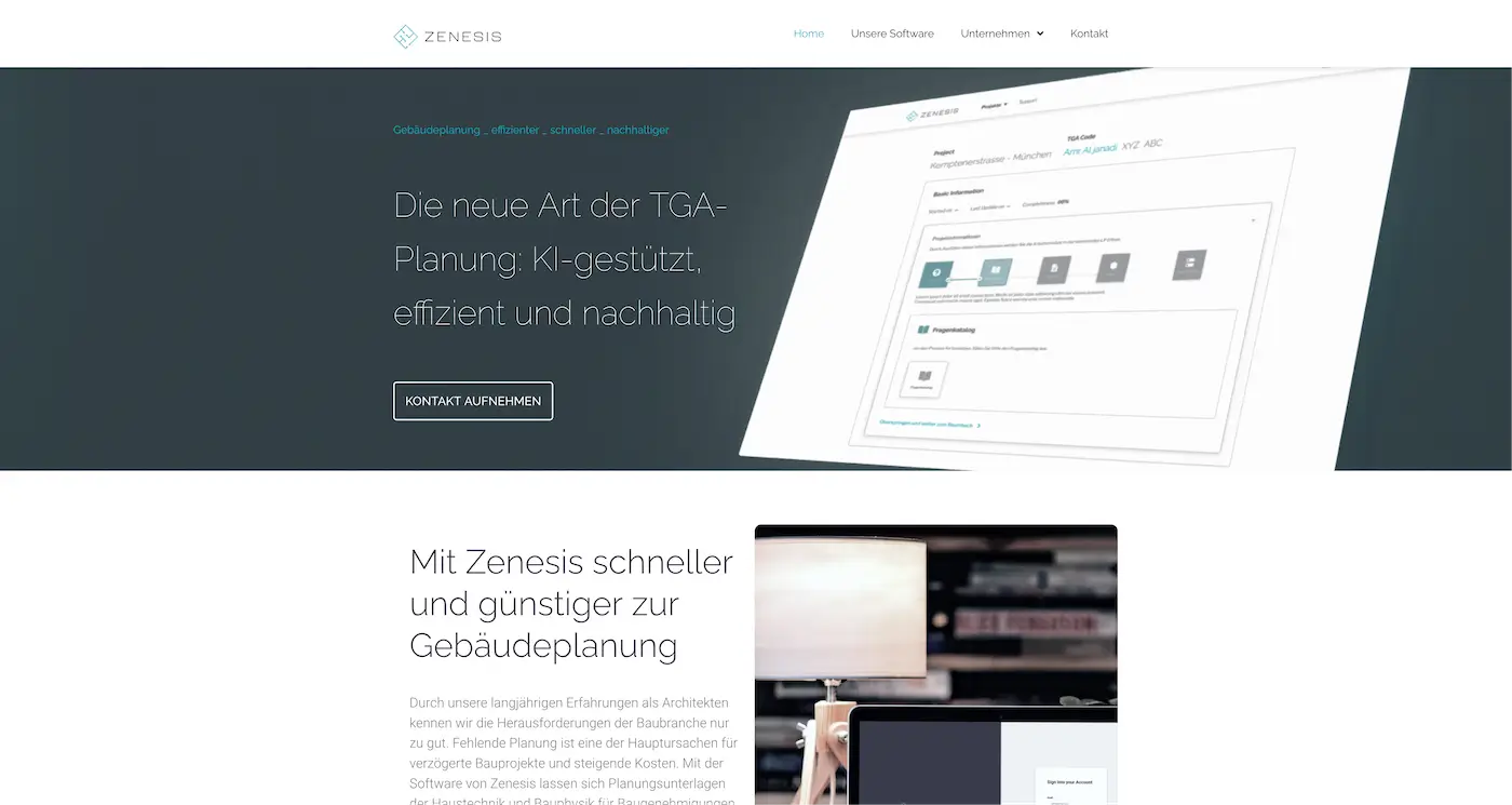 Screenshot der Webseite des Startups Zenesis